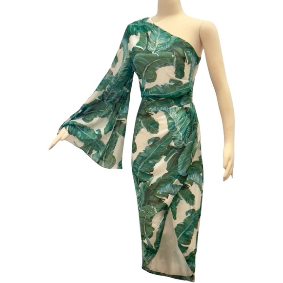 Elliatt Tory One-Shoulder Shift Asymmetrical Hi Low Palm Floral Print Midi Dress - Picture 8 of 12
